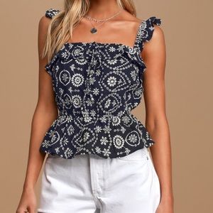 LULUS Rising Moon Embroidered Ruffled Top Small